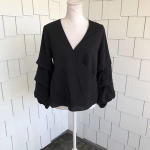 Bar III Women's Black Long Tiered Sleeve Faux Wrap Surplice Neck Blouse sz M